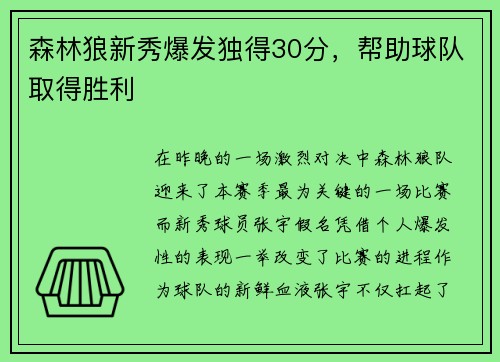 森林狼新秀爆发独得30分，帮助球队取得胜利